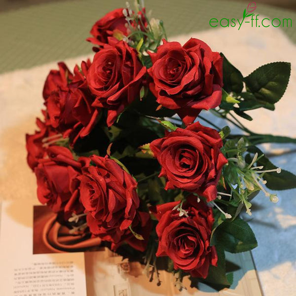 1Pcs Rose Silk Flower Bouquet 12 Heads In 3 Colors Red Easyff